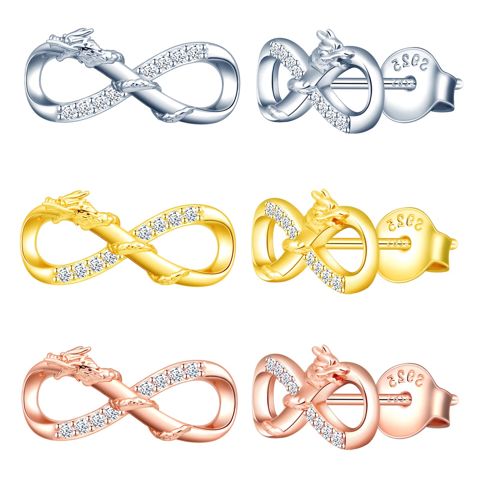 MicLee Woman's girl's Earrings, 925 Sterling silver dragon earrings, Mini infinity symbol earrings studs, Inlaid zircon, silver, rose gold, gold