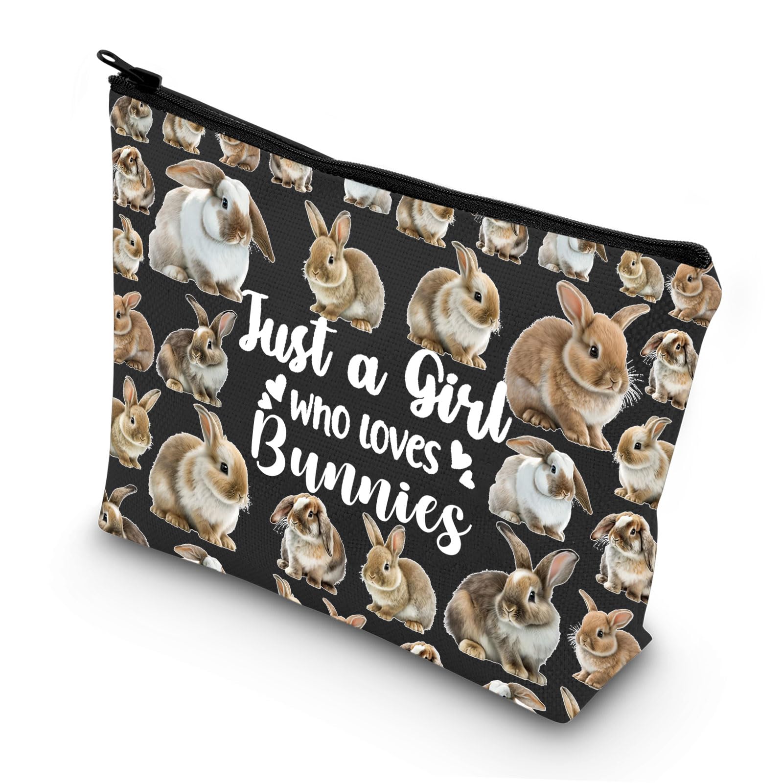LEVLO Funny Bunny Cosmetic Bag Animal Lover Gift Just A Girl Who Loves Bunnies Makeup Zipper Pouch Bag Bunny Lover Gift for Women Girls, Bunnies Black
