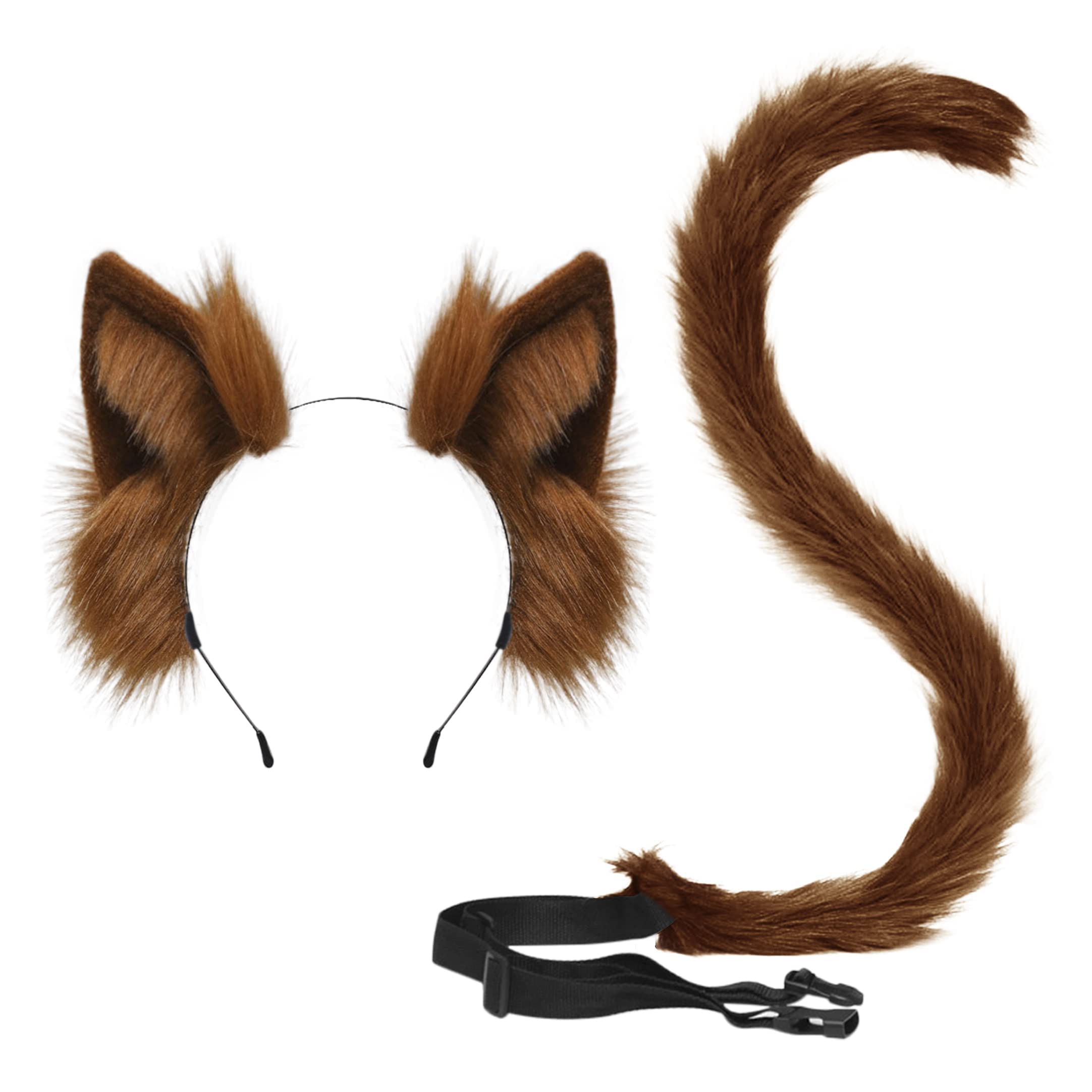 YJZQ Halloween Faux Fur Fox Tail Set Adjustable Furry Fox Tail Costume Plush Faux Fur Tail and Ears Set for Halloween Party, Cosplay, Masquerade (Camel-cat)