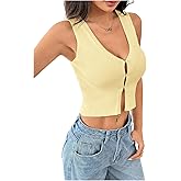 GORGLITTER Women's Button Up Sleeveless Vest Tops V Neck Ribbed Knit Cropped Tank Tops