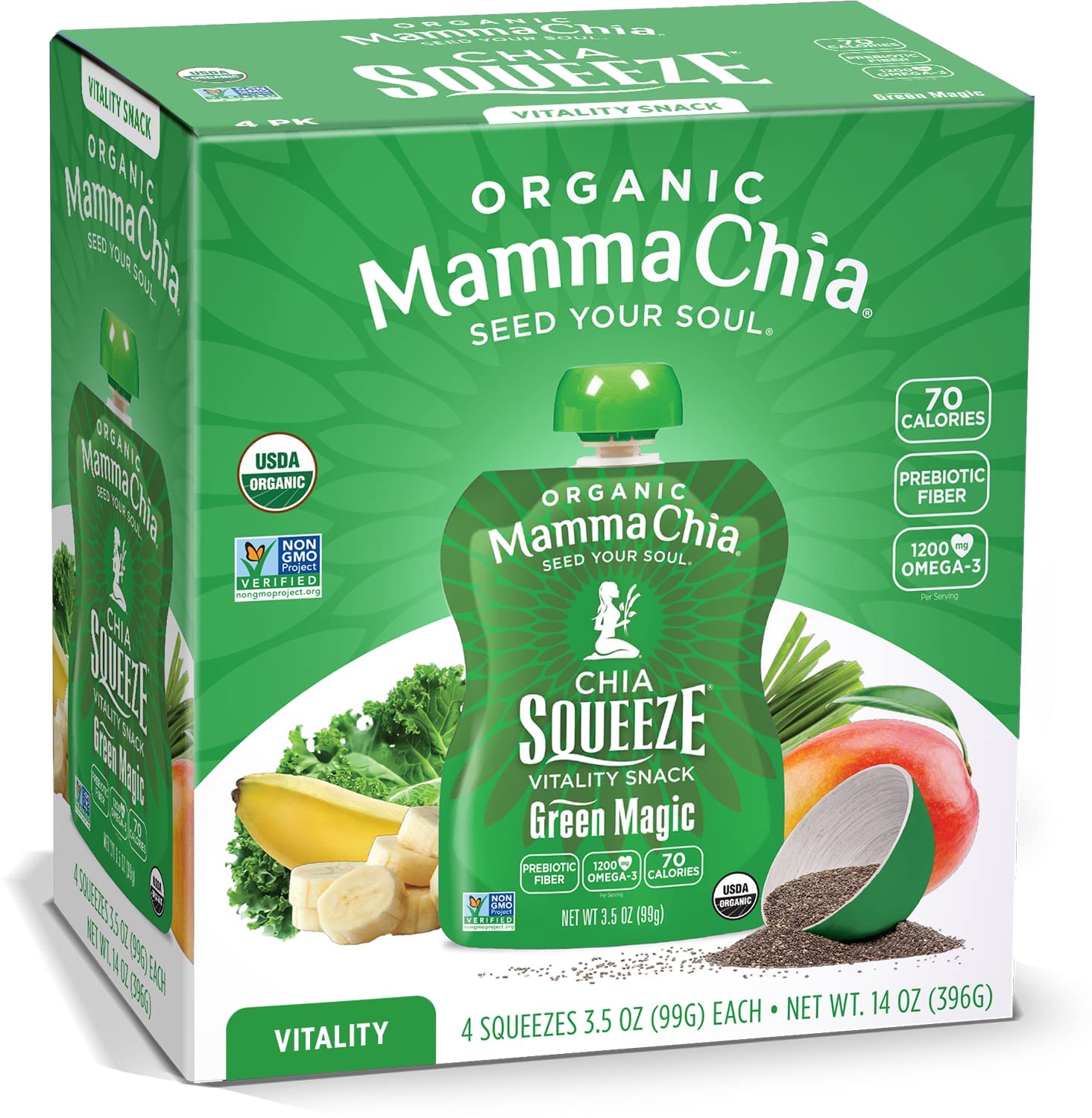 Mamma Chia Organic Vitality Squeeze Snack, Green Magic, Chia Snack. USDA Organic, Non-GMO, Vegan, Gluten Free, and Kosher. Fruit and Vegetables with only 70 Calories,3.5 Ounce (Pack of 24)