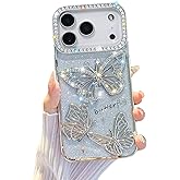 Fycyko Compatible for iPhone 17 Pro Case with Luxury Glitter Plating Cute Butterfly Rhinestone Sparkly Design Aesthetic Women Girls Shiny Bling Camera Protective Cover-Sliver