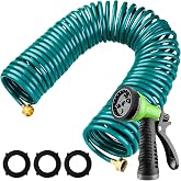 Pangda Expandable Coil Garden Hose 100 ft with Spray Nozzle, Green | EVA Recoil 3/8" Self Coiling, 6 Pattern Spray Nozzle, 3/4" Brass Fitting with Washers, For Yard Garden Rv Boating Watering