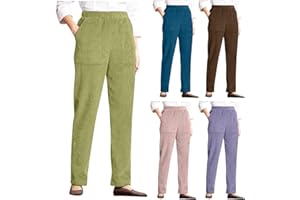 EOEIOA Fall Winter Corduroy Pants for Women Elastic High Waist Vintage Straight Wide Leg Pants Lounge Work Trousers w/Pocket