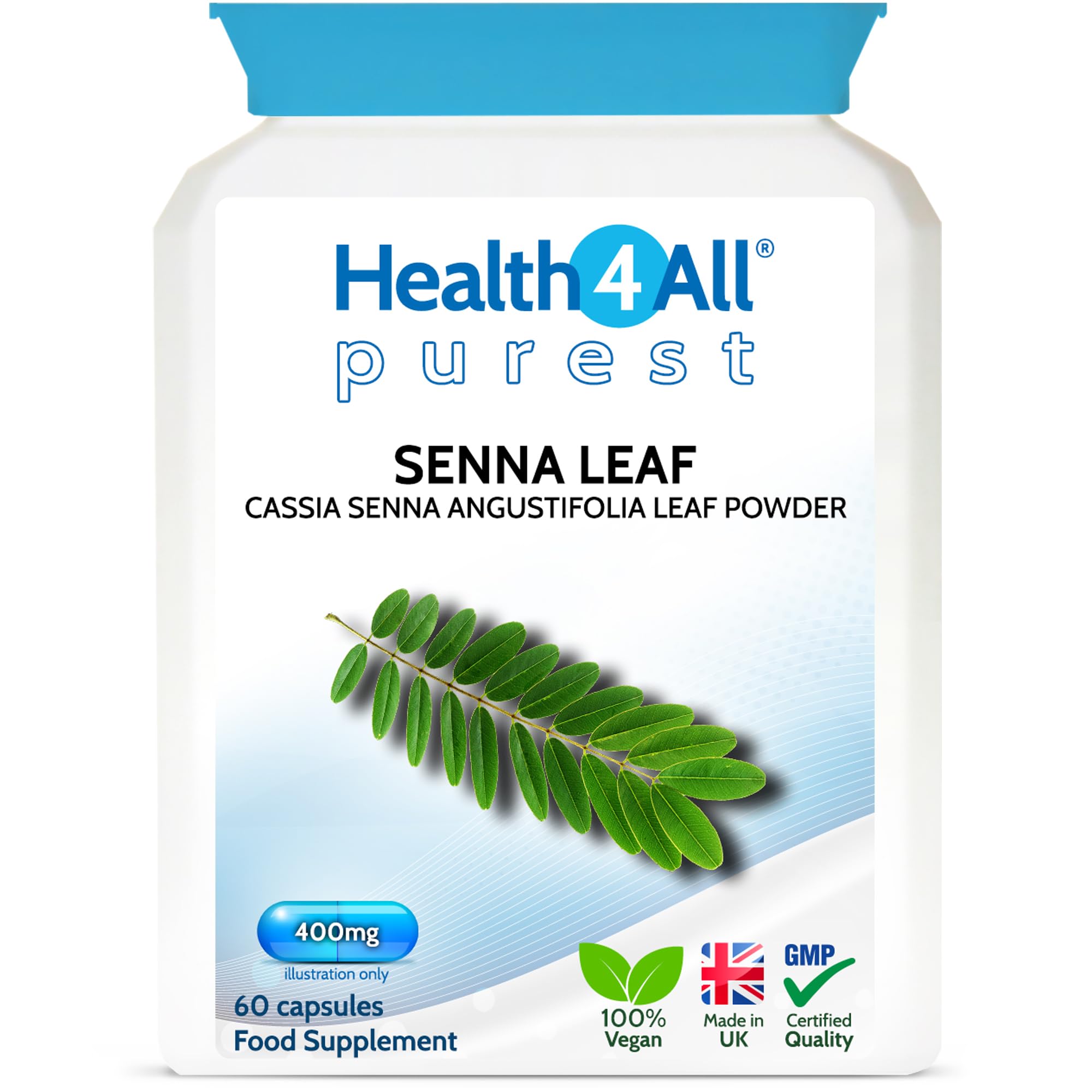 Senna Leaf 400mg 60 Capsules, Herbal Overnight Relief, Stool Softener, Regularity Supplement, Vegan Cassia Angustifolia Leaf, Additive Free, Not Tablets, Made in UK by Health4All