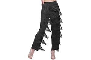 ZBH1985 Women's 7 Tier Tassel Latin Dance Pant Ballroom Dance Professional Black Adult Fringe Practice Pants
