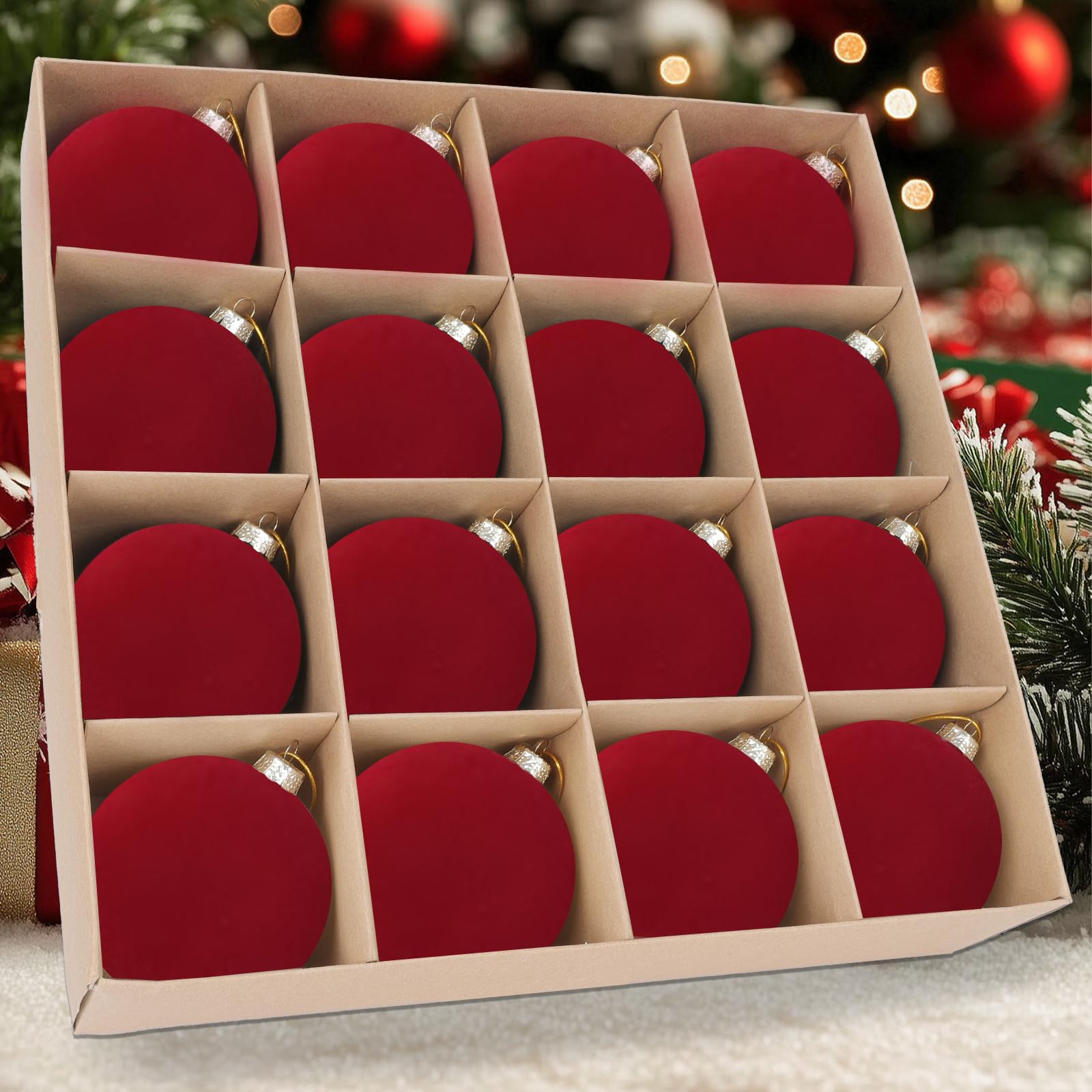 Photo 1 of 16 Pcs Velvet Christmas Tree Ornament Set - 3.15-Inch Flocked Shatterproof Christmas Balls, Bulk Hanging Xmas Baubles for Holiday Parties, Weddings & Home Decoration?Burgundy Red?