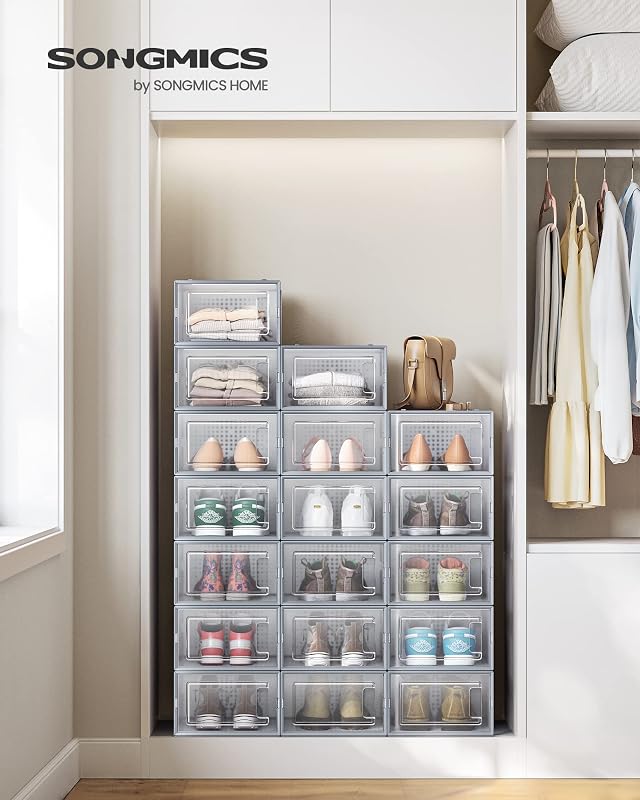 Cajas de Zapatos Plástico, Juego de 18 Organizadores de Almacenamiento, Caja Zapatero Plástico Plegable y Apilable para Zapatillas hasta talla 44, Transparente y Gris LSP006G18