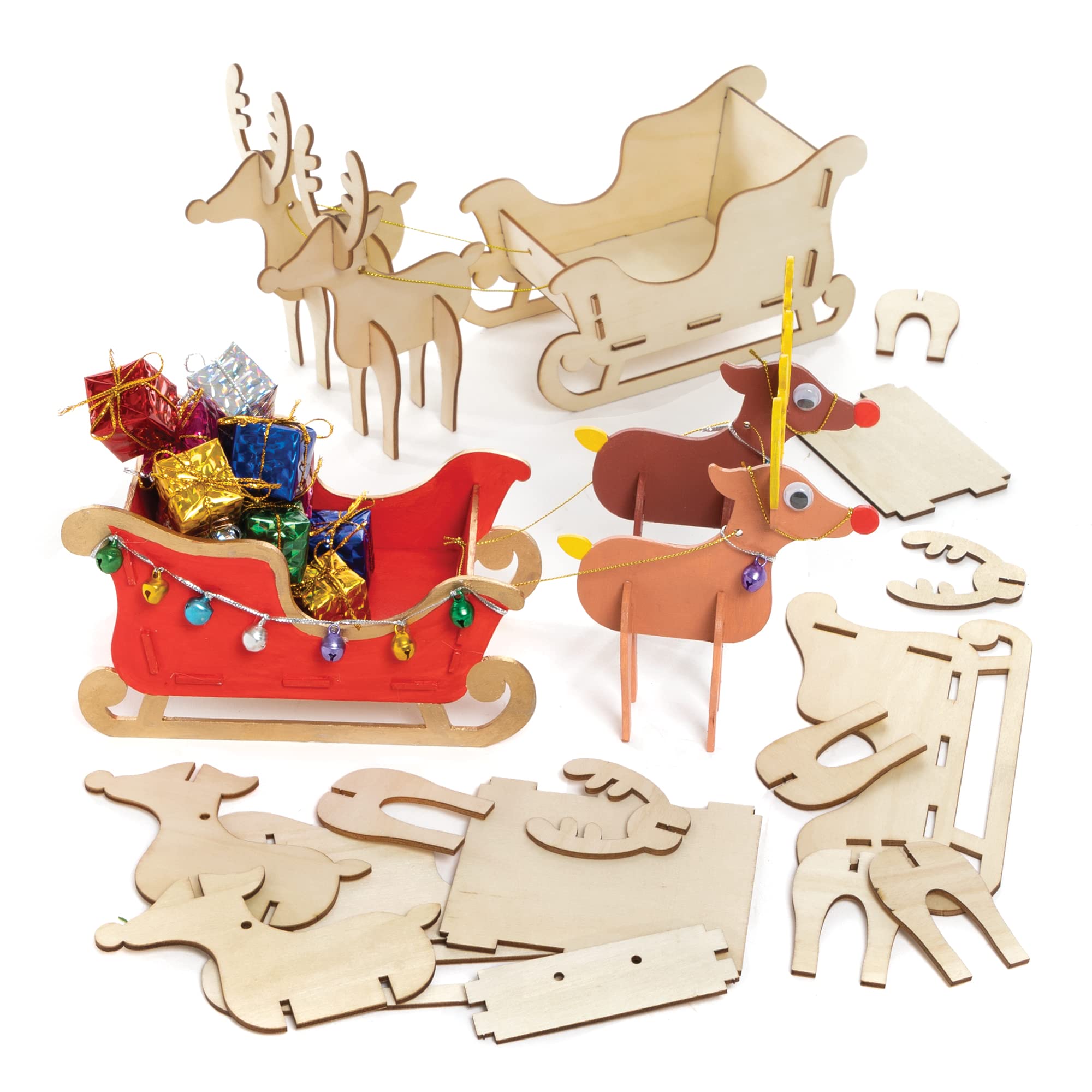 Baker Ross FE852 Wooden Reindeer and Sleigh Kits - Pack of 2, Wooden Crafts for Children to Decorate and Display, Make Your Own Christmas Decorations, Gold