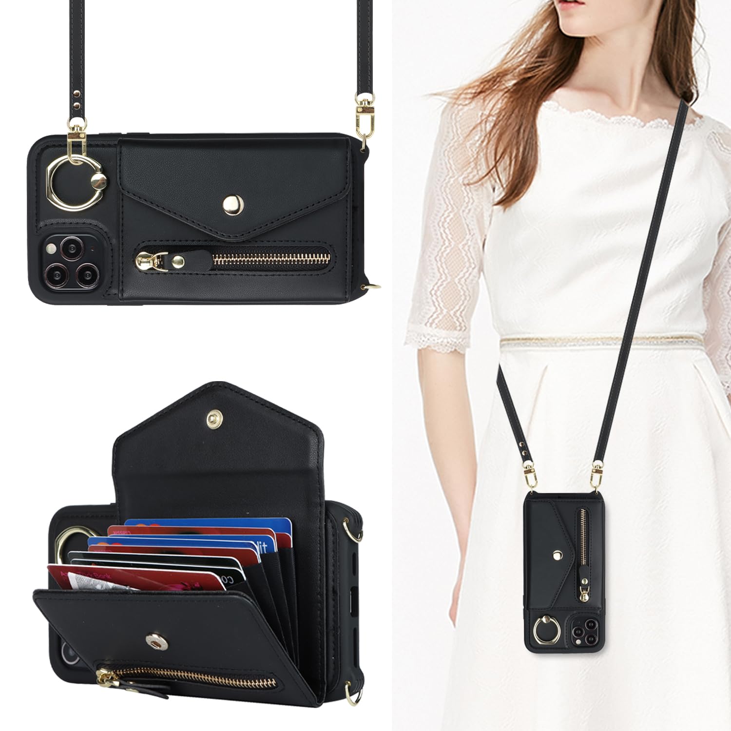 SailorTech iPhone 11 Pro Max Case with Zipper Credit Card Holder for Women, iPhone 11 Pro Max Phone Leather Case Ring Stand with Card Slots Kickstand Wallet Crossbody for iPhone 11 Pro Max-Black