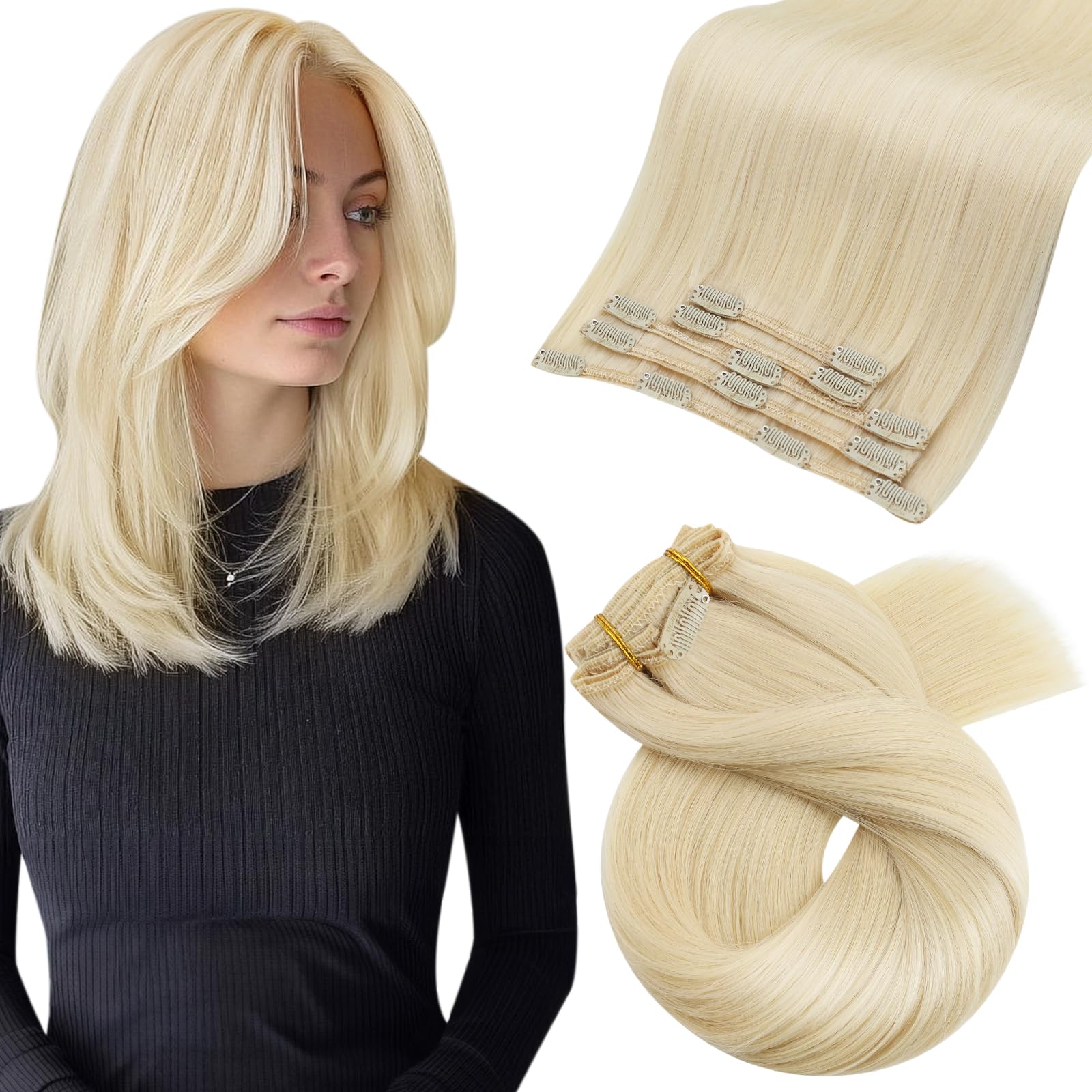 Moresoo Clip in Hair Extensions Real Human Hair Platinum Blonde 14 Inch Shoulder-length Layered Hair Real Human Hair Extensions Clip in Blonde Remy Straight 5 Pieces/80g #60 โ image 1