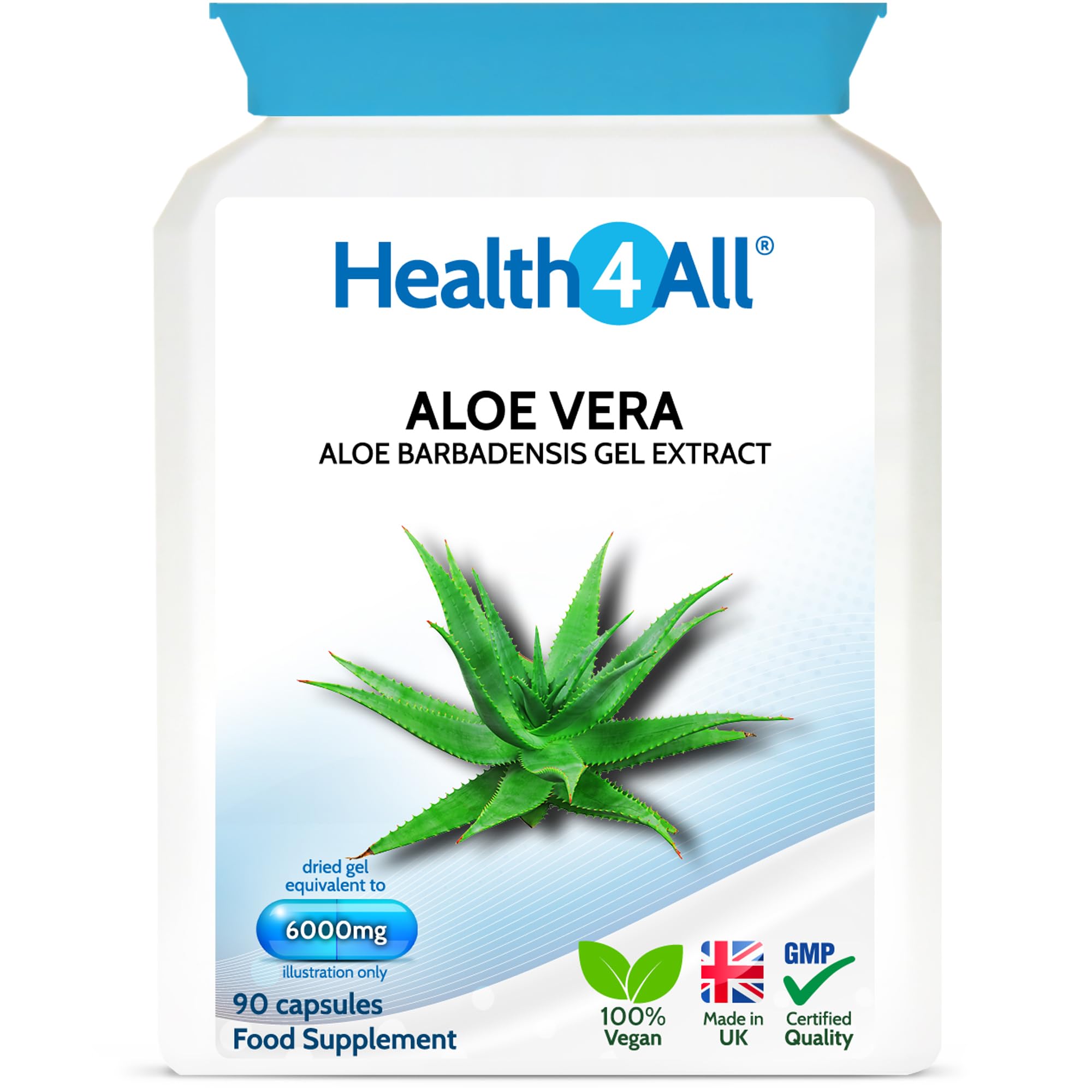 Health4All Aloe Vera Gel Extract 6000mg 90 Capsules, Digestive Health Detox Supplement, Support for Leaky Gut, Acid-Alkaline and pH Balance, Pure Vegan Cleanse Capsules (not Tablets) | Made in UK