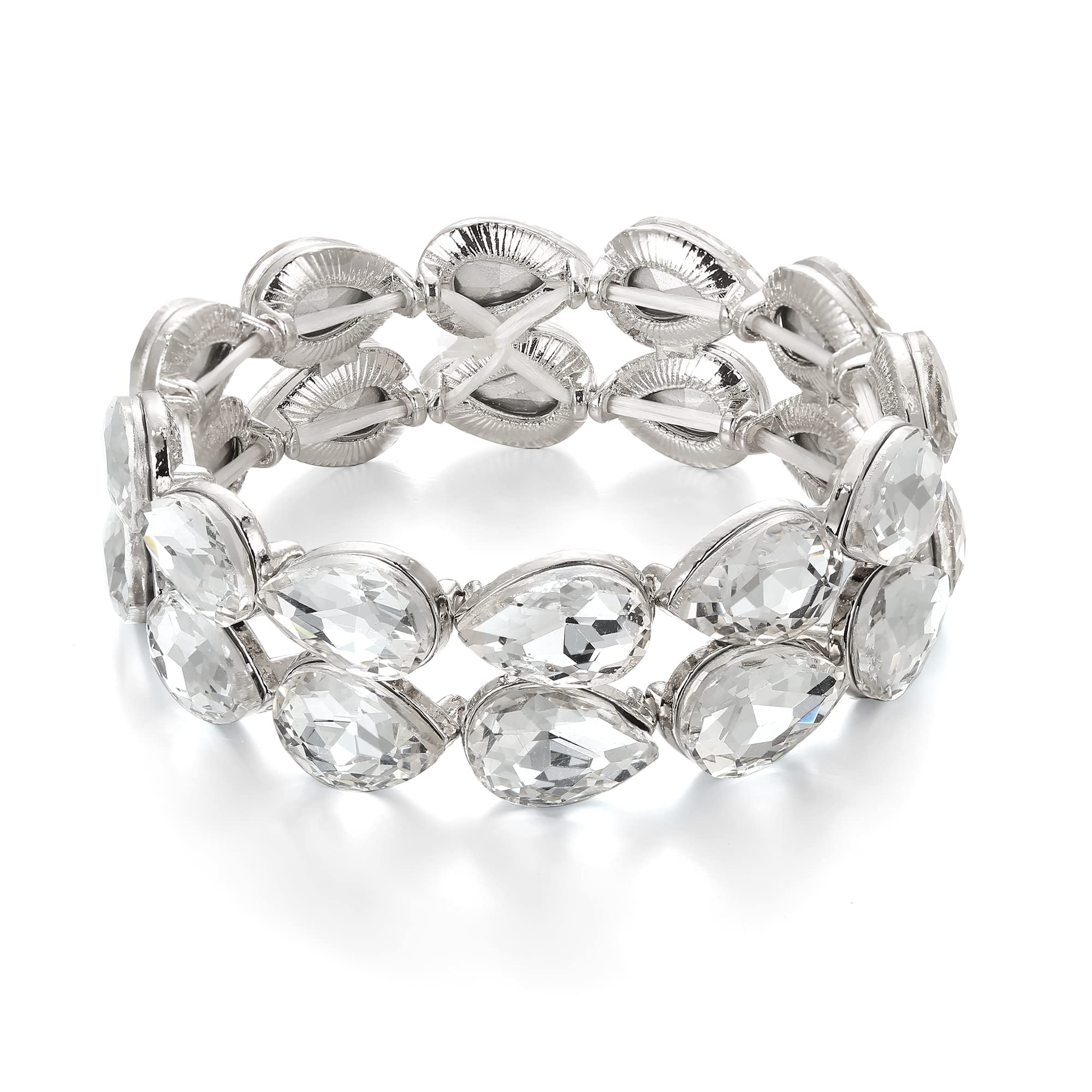 Clearine Wedding Bridal Elegant Bangle Crystal Double Row Teardrop Cluster Stretch Bracelet for Women Brides Clear Silver-Tone — image 1