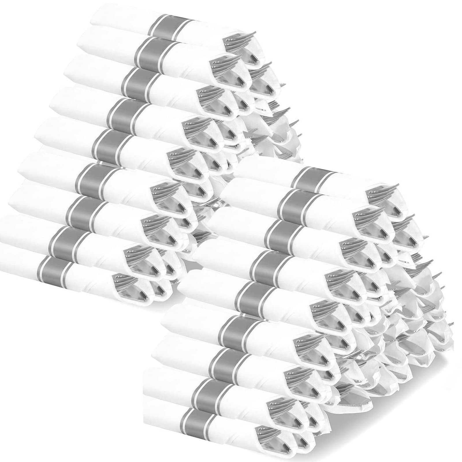 Photo 1 of Silver Plastic Silverware with Napkins - 100 Pack Premium Disposable Silver Plastic Cutlery Set, Pre Wrapped Plastic Utensils with 100 Forks, 100 Knives, 100 Spoons, 100 Napkins for Wedding Party