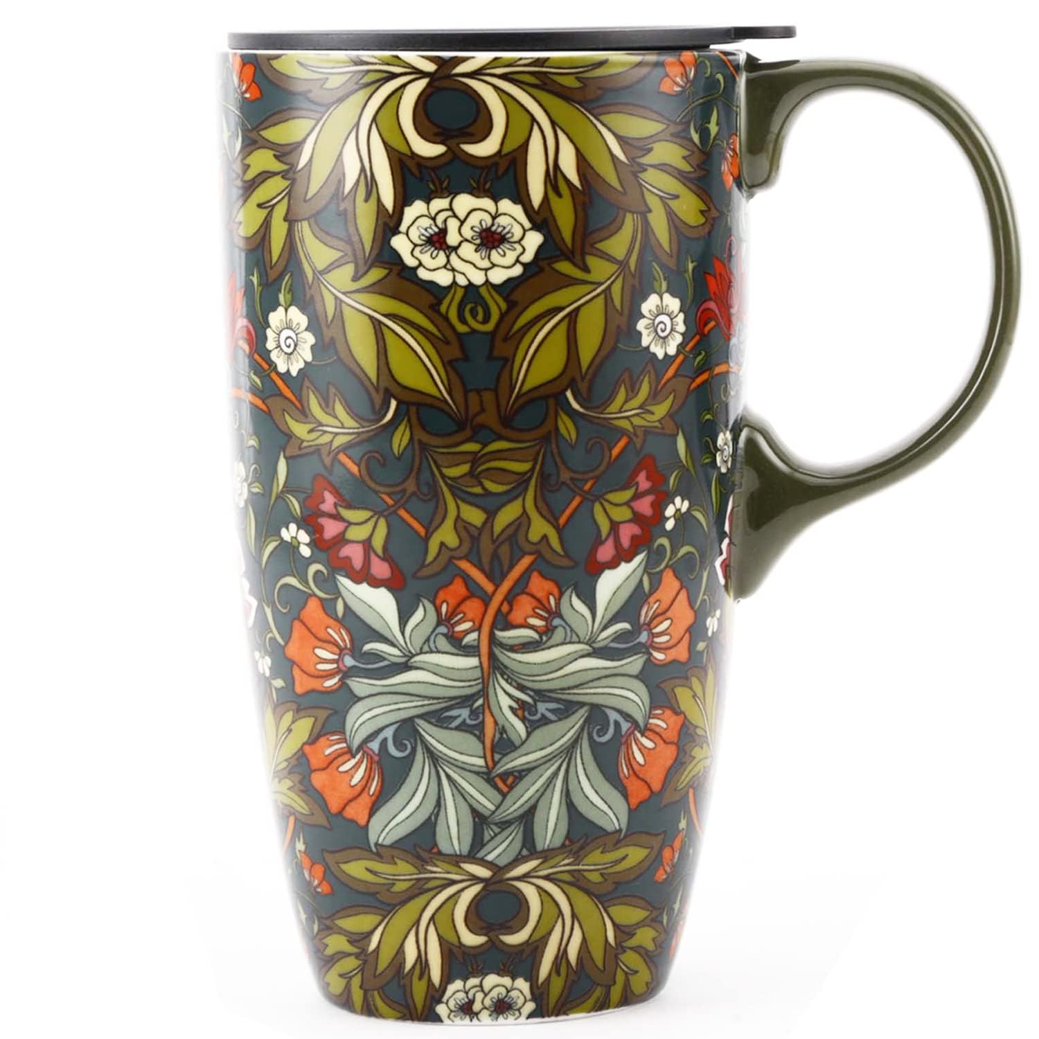 DUSVALLY Ceramic Mug Large Coffee Cup Tall Mugs Porcelain Latte Tea Cup with Lid 17oz,Green