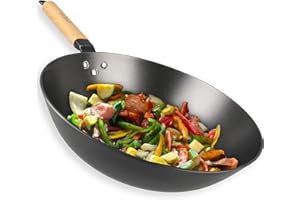 Cuisiland 12" Nitrided Cast Iron Wok – Rust-Resistant Stir-Fry Pan, Removable Beechwood Long Handle, Naturally Non-Stick, Dur