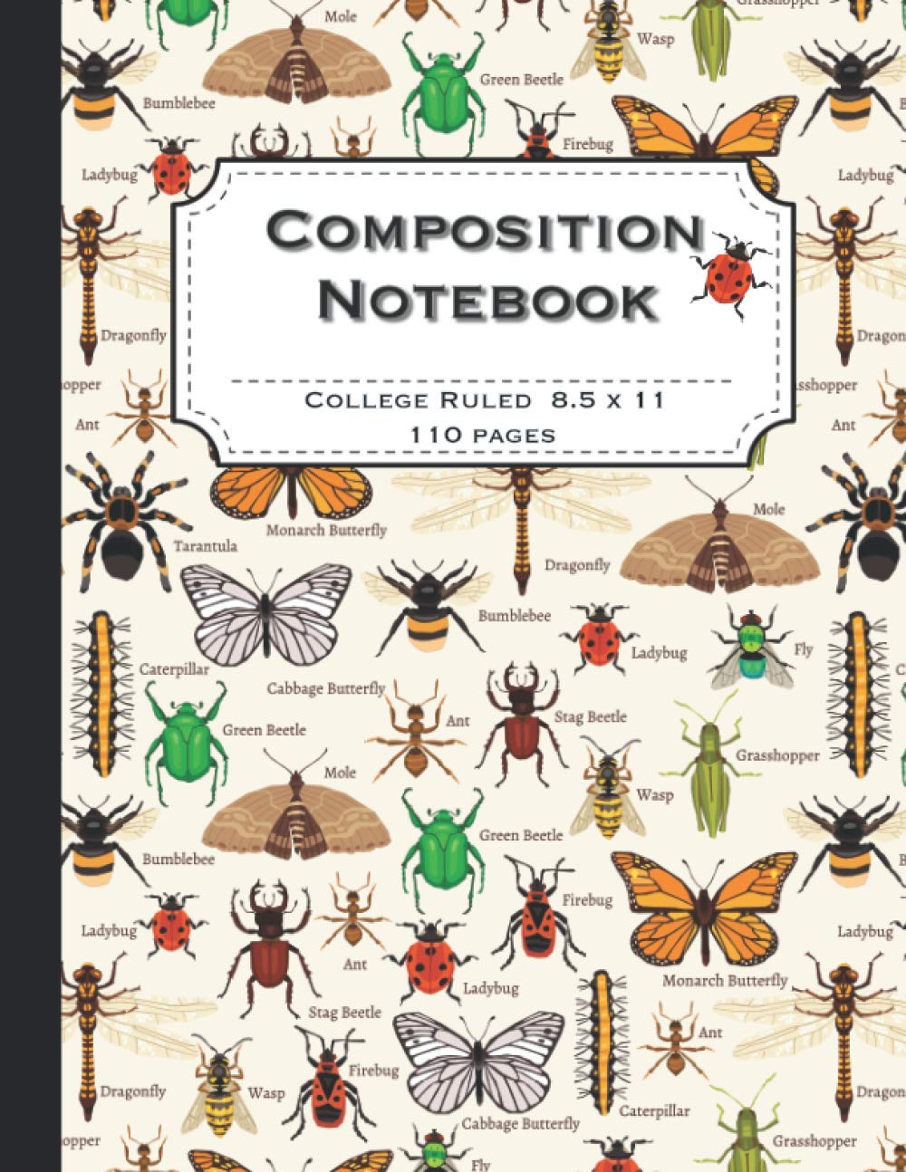 Composition Notebook: College Ruled Notebook Journal - insects beetle tarantula dragonfly ant and more pattern - 110 Pages - Large (8.5 x 11 inches)