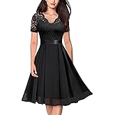 MISSMAY Women's Vintage V-Neck Floral Lace Contrast Chiffon Prom Party Dress