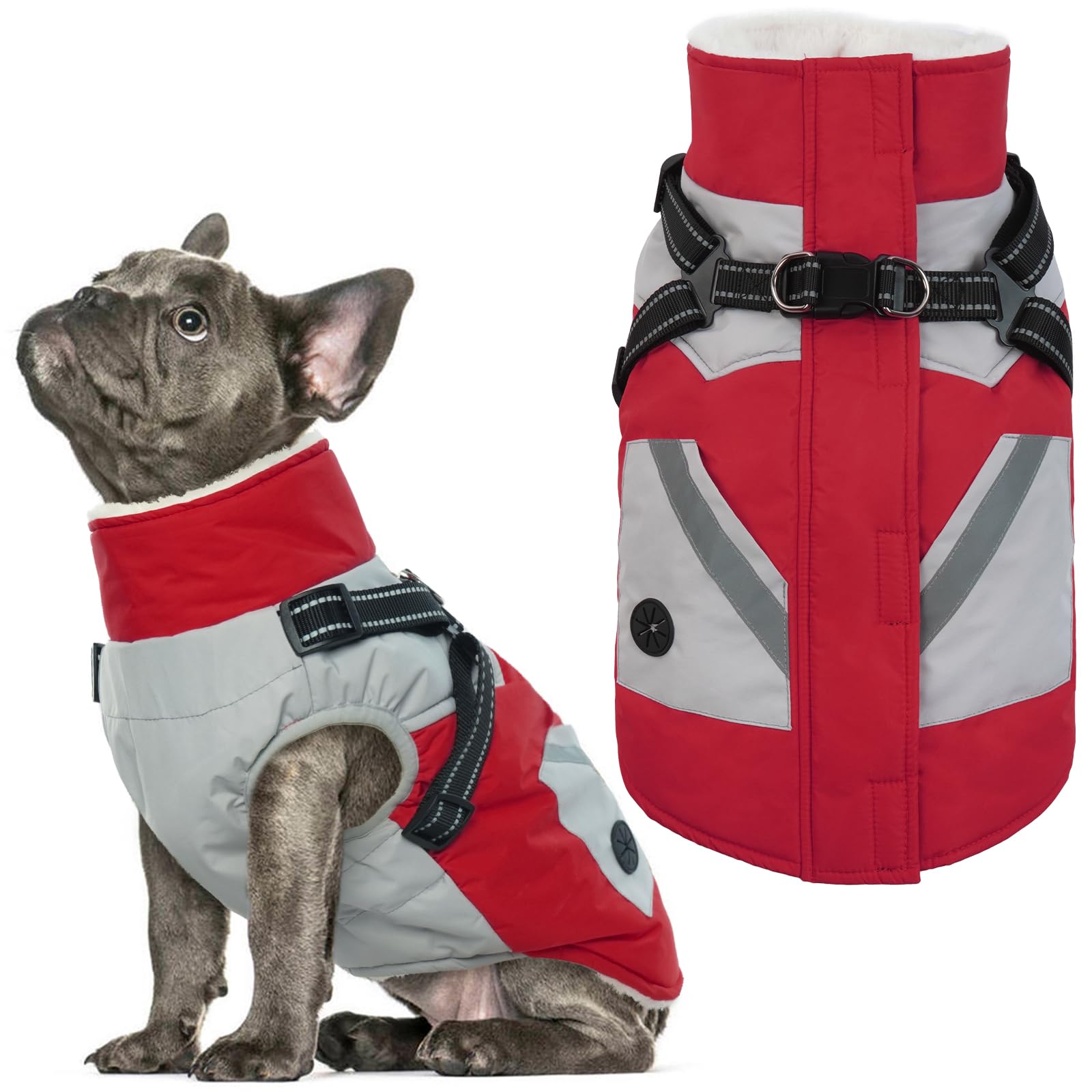 Photo 1 of ***(HEAVILY USED/ MINOR DAMAGE)***IECOii Dog Coat with Harness Built in - Red, Large - Waterproof Winter Coat, Fleece Lined Snow Jacket for Dogs