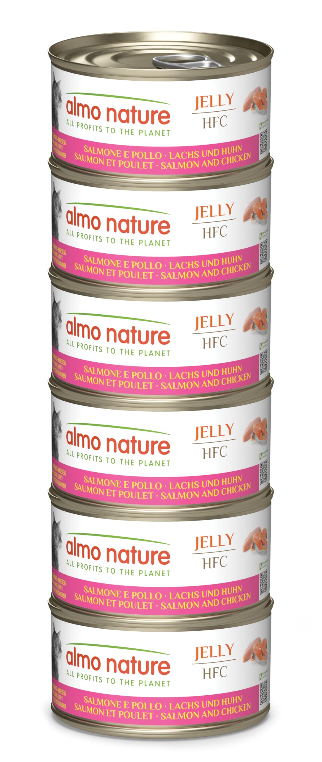 Almo Nature HFC Natural - Wet Cat Food - Salmon and Chicken - Human Grade, Gluten Free - 70g, Pack of 6