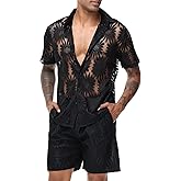 LecGee Men Summer Casual Short Sets Lace Short Sleeve Button Down Shirt Elastic Waist Shorts 2 Piece Outfits Tracksuit