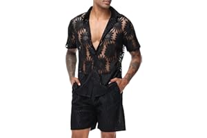 LecGee Men Summer Casual Short Sets Lace Short Sleeve Button Down Shirt Elastic Waist Shorts 2 Piece Outfits Tracksuit