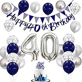 40th Birthday Decorations for Women Men, Black Silver White 40th Birthday Balloons, Black Happy 40th Banner Cake Topper Number 40 Foil Balloon for 40 Year Old Party Decor