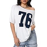 Verdusa Women's Off The Shoulder Letter Graphic Tees Shirts Jersey Short Sleeve Summer Tee Tops