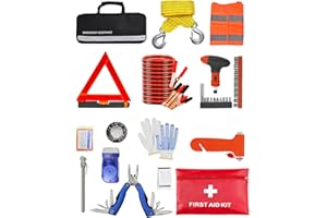 itanso 43 pcs Roadside Car Emergency Kit, Safety Assistance Set, Including Premium Jumper Cables, Reflective Safety Triangle, Tow Strap, Multi-Tools, Warning Vest (Black Bag)