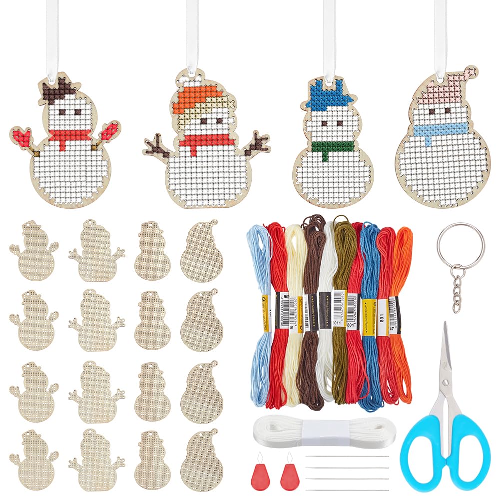 WEBEEDY 16 Sets Snowman Wooden Cross Stitch Kit DIY Christmas Cross Stitch Embroidery Kits Cross Stitching Keyrings Wooden Christmas Ornament Craft Kit Christmas Tree Supplies Home Decoration