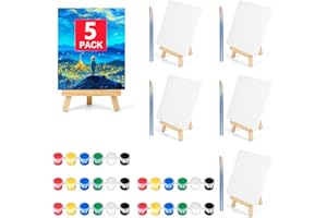 Pomaylor 5 Pack 5x7In Canvas Boards for Painting, Mini Canvases with Easels Set, Drawing Kits for Adults & Kids Party with Acrylic Paint, Canva, Easel, Brushes