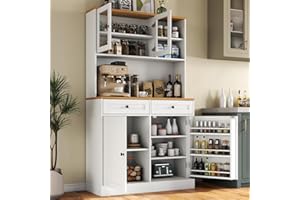 GYFIMOIE Tall Pantry Cabinet, Modern Kitchen Hutch with Microwave Stand, Kitchen Pantry Storage Cabinet with 2 Darwers & Door Shelf, Food Pantry with Glass Doors & Adjustable Shelves for Dining Room, White