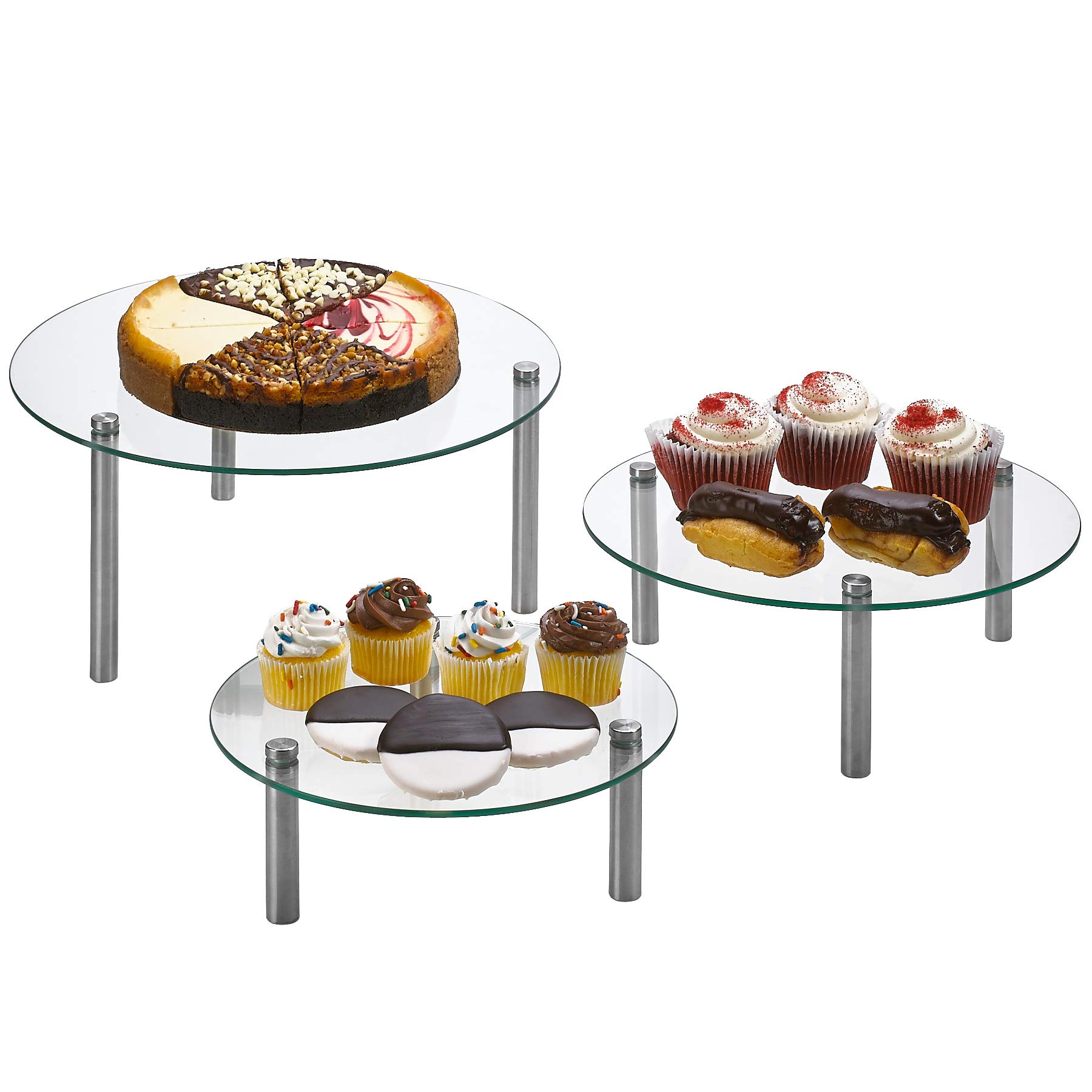 Photo 1 of 3 Tier Round Tempered Glass Display Stand 9, 11, 13” for Cake, Cupcakes, Desserts, Bakery, Appetizers – Set of 3 Glass Retail Display Raiser. (Clear)