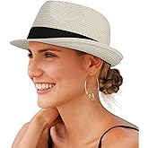 Creekstone Straw Fedora Sun Hat for Women Men Short Brim Panama Trilby Beach Hat Packable Summer Hat UPF 50+