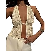 MakeMeChic Women's Floral Textured Halter Top Sleeveless Tie Back Elegant Cami Crop Tops