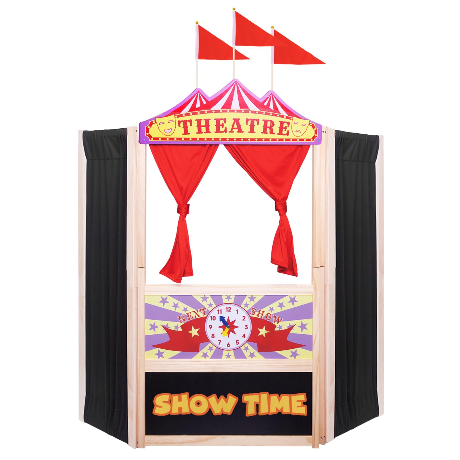 Photo 1 of WodGod Puppet Theater,Large Size 44 Inch X 45 Inch,Wooden Puppet Theater,Double Doors with Curtains,Blackboard and Clocks,12 Piece Colorful Chalks Included