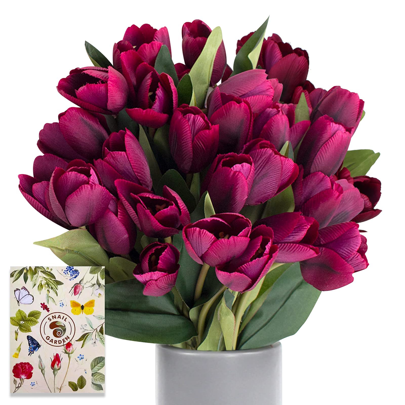 SnailGarden 27 Pcs 12" Artificial Flowers Purple Tulips，Silk Tulips Flowers with 2Pcs Satin Ribbon and 1 Pc Greeting Card for Wedding Party Decoration,Home Office Table Arrangements,Festival Gift