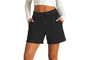 Womens Faux Denim Shorts Summer Stretchy High Waisted Drawstring Lounge Short Casual Loose Trendy Shorts with Pockets