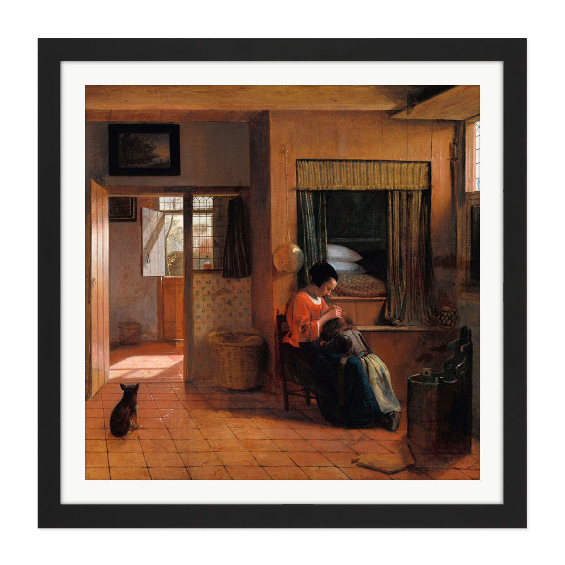 Artery8 Pieter De Hooch Mother Delousing Her Child'S Hair Square Wooden Framed Wall Art Print Picture 16X16 Inch