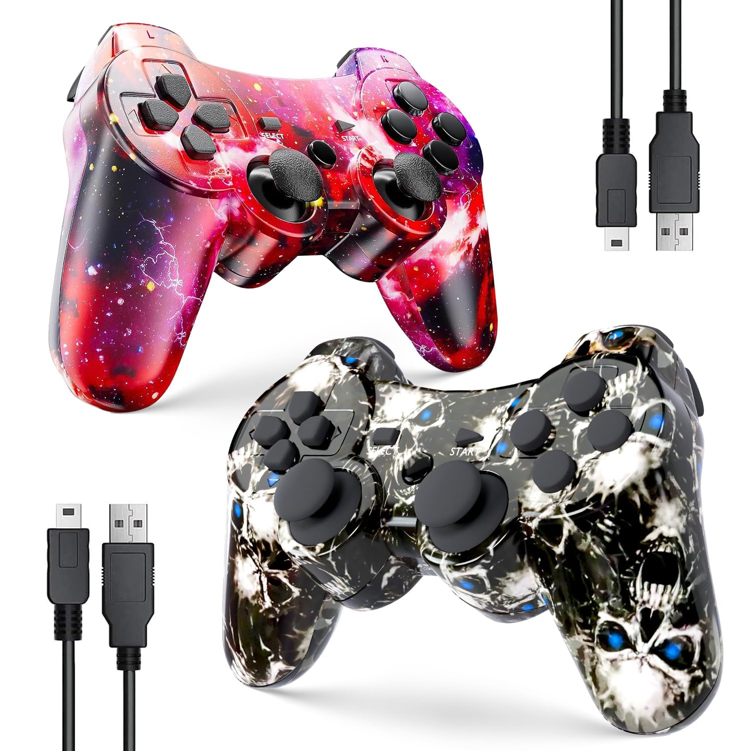 Controller for PS-3 Wireless, Gaming Remote Joystick for Play 3 with Charger Cable Cord (Red Star, Black Ghost)