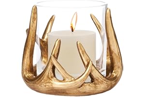 DN DECONATION Christmas Candle Holder, Reindeer Antler Tealight Candle Holder Gold Resin with Glass Tealight Cup, Vintage Can