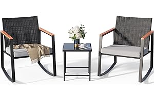 Gizoon 3 Pieces Rocking Patio Bistro Set with Anti-Scald Armrest, Outdoor Patio Wicker Furniture Set with Glass Table and Cushion for Garden, Yard, Porch