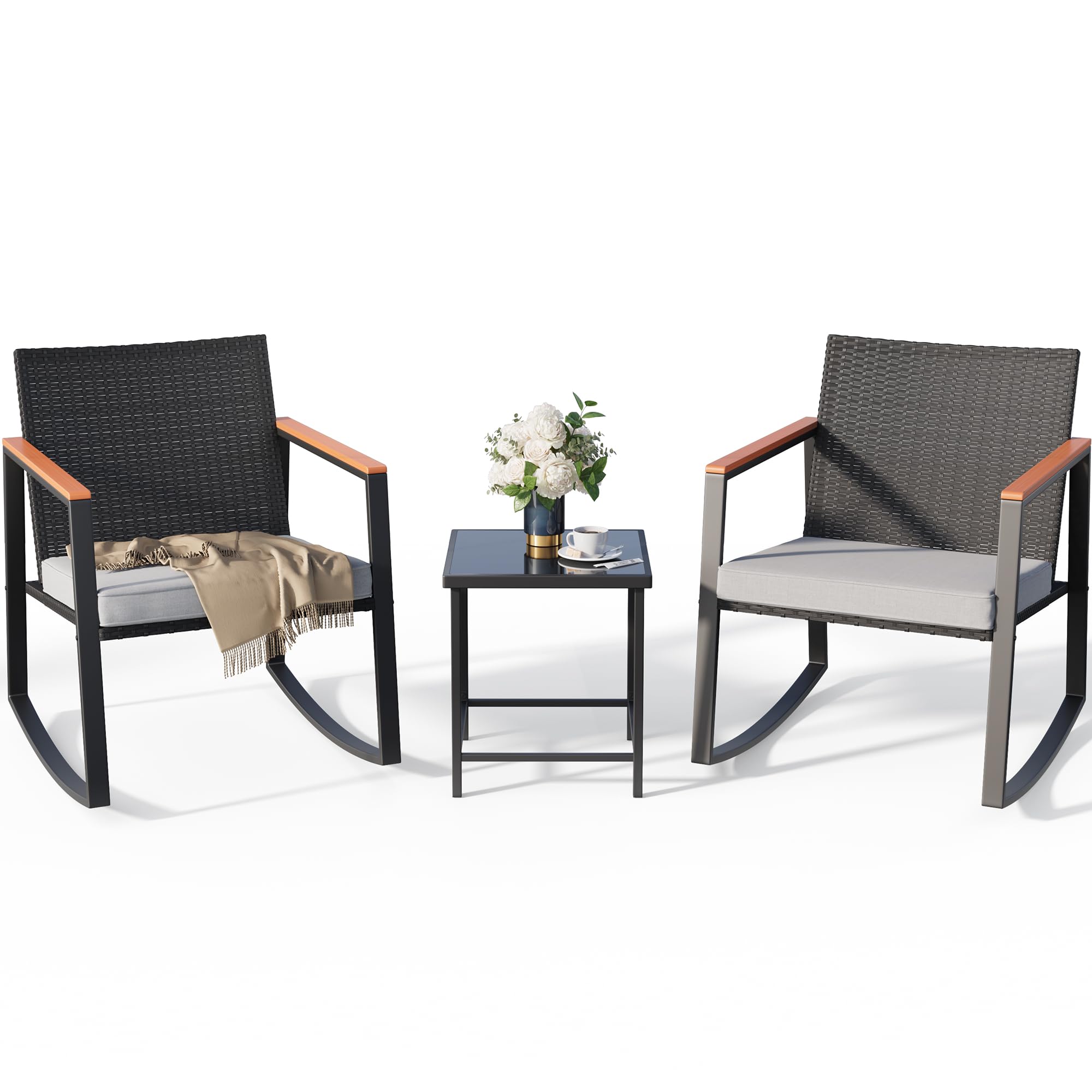 Gizoon 3 Pieces Rocking Patio Bistro Set with Anti-Scald Armrest, Outdoor Patio Wicker Furniture Set with Glass Table and Cushion for Garden, Yard, Porch Image