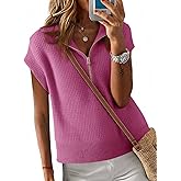 Langwyqu Womens Short Sleeve Cropped Knit Tops Half Zip Cap Sleeve Lightweight Oversized Sweater Vest