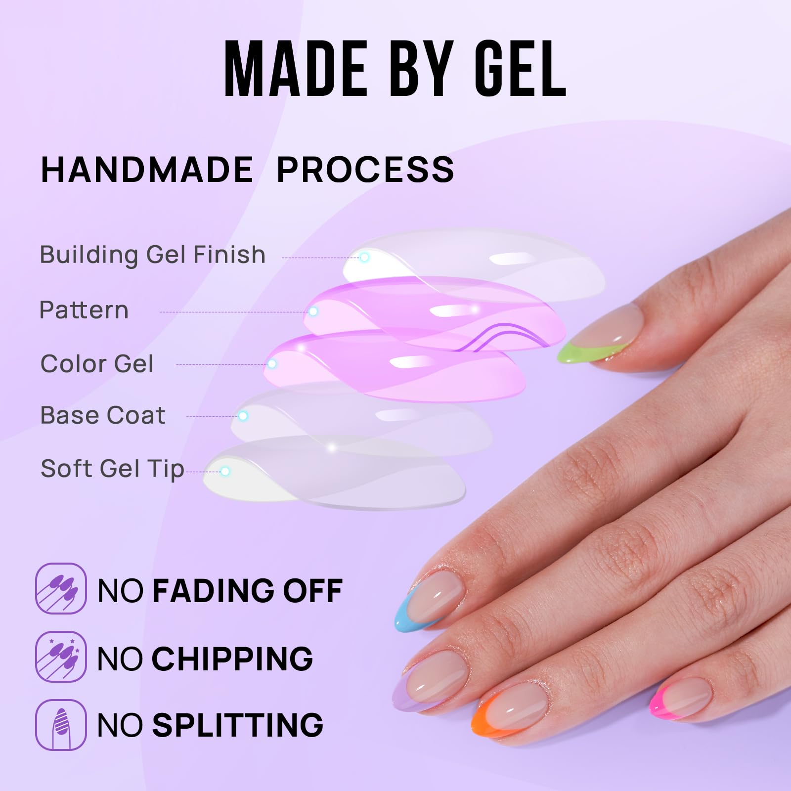 BTArtbox Press On Nails Short - Soft Gel French Tip Press On Nails, Colorful Almond Glue On Nails with Nail Glue, Reusable Stick On Nails in 16 Sizes, Neon Rainbow French - Image 3