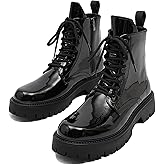 WVBVLO Men'S Black Patent Leather Platform Combat Boots Fashion Wide Toe Lace Up Side Zipper Sole Non-Slip High Top Motorcycle Boots Comfort Outdoor Casual Waterproof Chunky Heel Ankle Booties