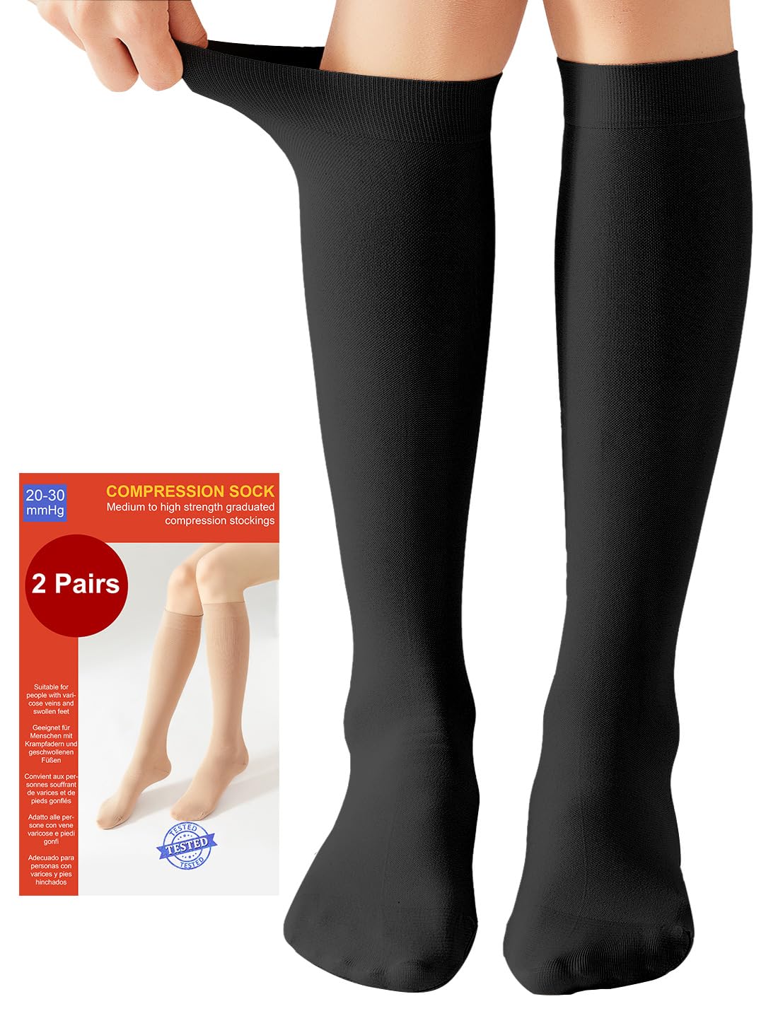 2 Pairs Medical Compression Socks for Women & Men 20-30 mmHg, class 2, Best Graduated Stockings Support Fit for Travel Flight Running Varicose Veins Pregnancy Nurses (2x Black, XL)
