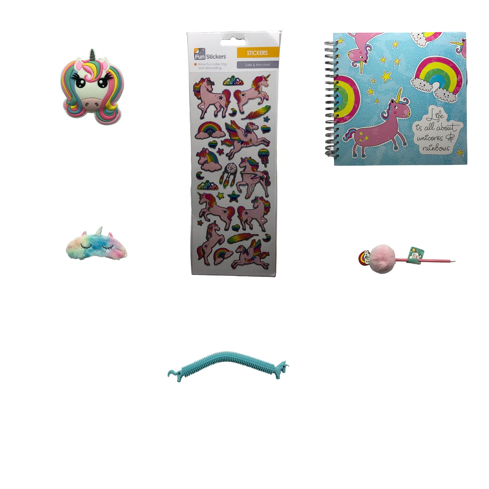 Unicorn Themed Christmas Birthday Gift Set For Girls : Includes Scrap Book Jotter, Sleeping Eye Mask , Mini Pouch, Pom Pom Pen , Stretchy Rope and , Stickers