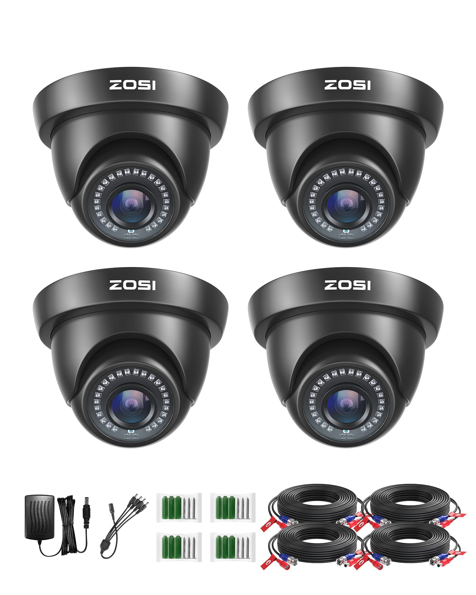 ZOSI 4 Pack 1080P Indoor Outdoor Dome Security CCTV Camera Kits 1920TVL for 720P/1080N/1080P/5MP/4K HD-TVI AHD CVI Analog Surveillance DVR System, 80ft IR Night Vision, AI Detect, IP66 Weatherproof