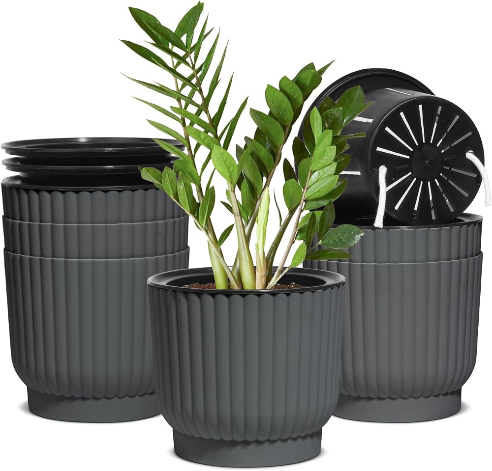 T4U 6 Pack 15cm Self Watering Indoor Plant Pots Grey Plastic